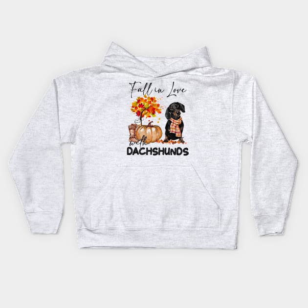 Black Dachshund Fall in Love Scarf Funny Dachshund Pumpkin Kids Hoodie by Los Draws